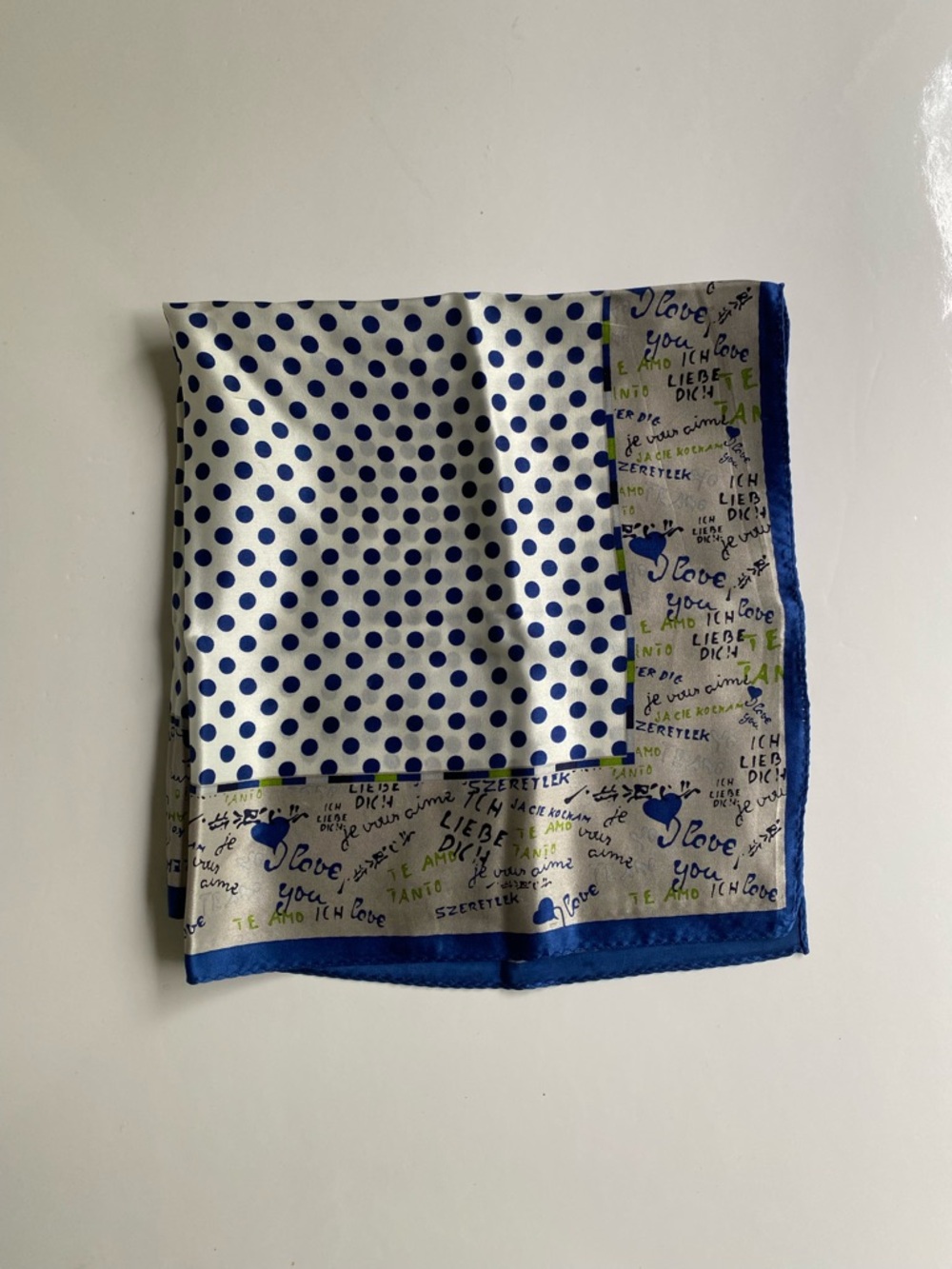 Vintage Polka Dot & I love you Script Silk Scarf in White and Royal Blue